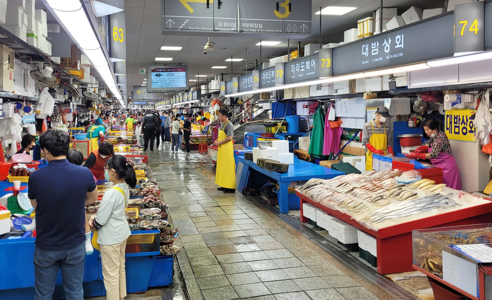 Seafood vendors and visitors inside the bright central aisle of Jagalchi Market in Busan