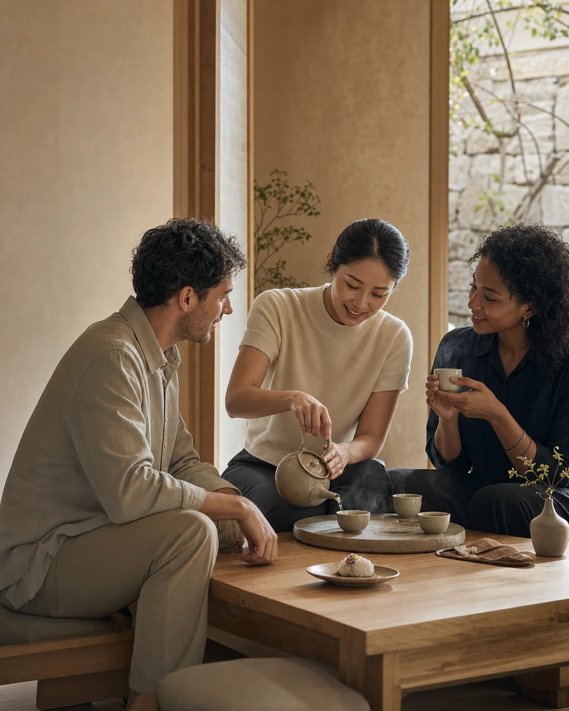 A Korean host pours tea for two international guests in a contemporary Korean tea house in Seoul.